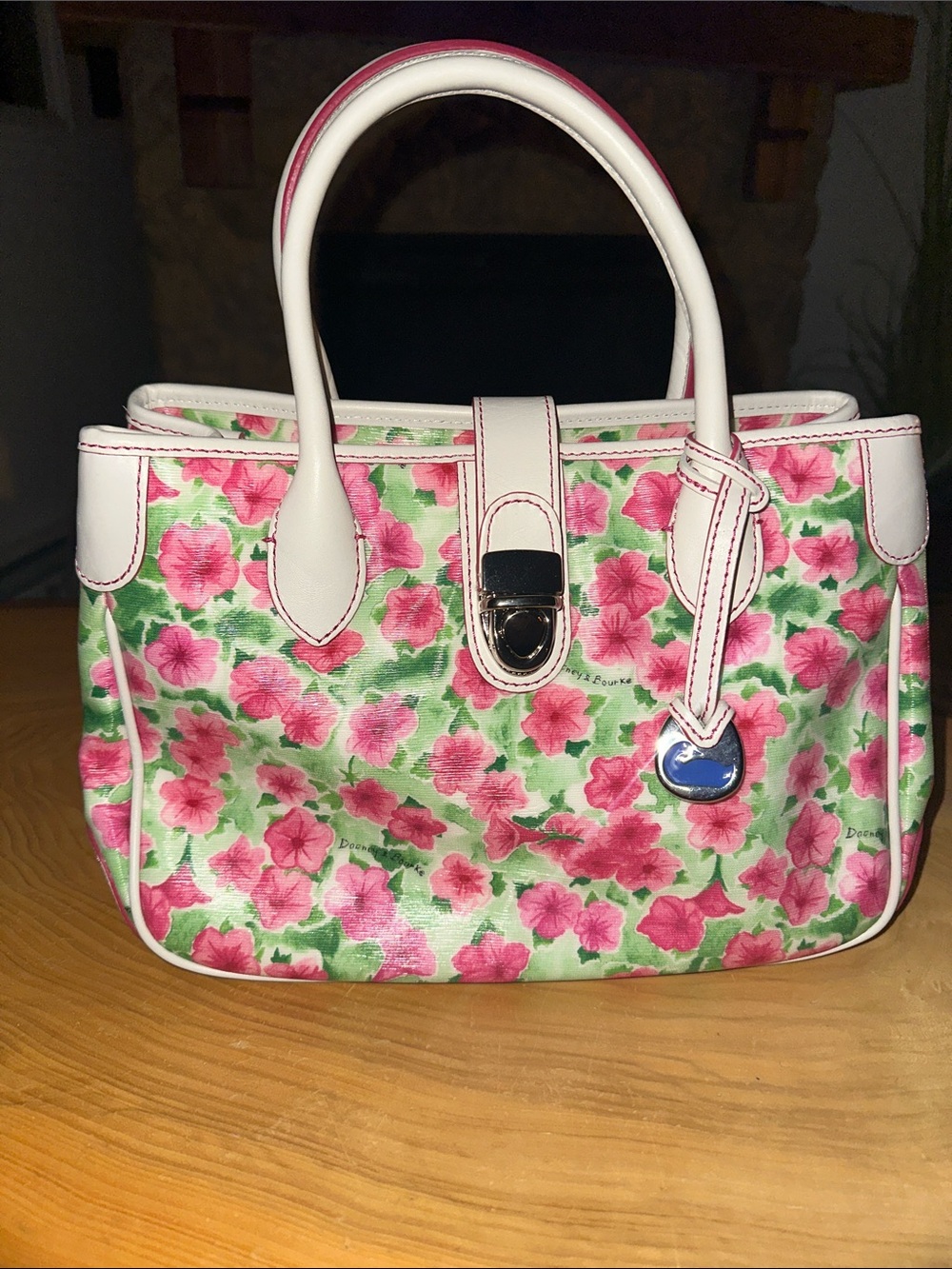 Dooney & Bourke Pink Floral Satchel with White Trim